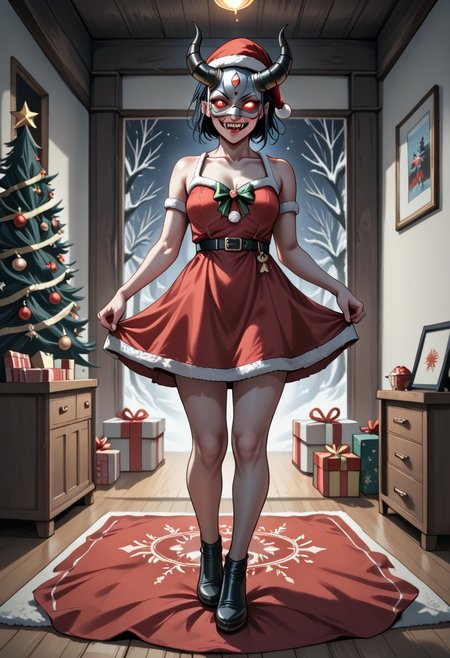 score_9, score_8_up, score_7_up, source_anime, naboka, oni_mask, intricate_mask_design, glowing_red_eyes, sinister_smile, sharp_teeth, black_hair, demonic_horns, pale_skin, cursed_aura, christmas, christmas outfit, hat, red hat, dress, red dress, living room, night, oven, christmas tree, christmas ornaments, red carpet, ✌️😁✌️