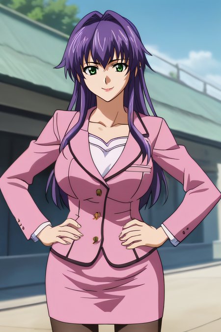 score_9, score_8_up, score_7_up, source_anime, rating_safe, intricate details, anime screencap, official style, 1girl, solo, <lora:Serizawa_Hiroko:1>, serizawahiroko, detailed lips, large breasts, purple hair, long hair, green eyes, pink blazer, long sleeves, collarbone, pink skirt, pencil skirt, black pantyhose, standing, outdoor, looking at viewer, smile, cowboy shot, closed mouth, hands on hips, five fingers