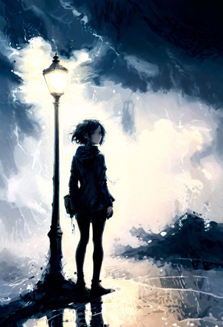 linquivera, liiv1, (anime:0.3), inkpunk, art by alexeyegorov inked, girl waiting, bleak, ink splashes, ink spots, ink smears, evoking loneliness and solitude, bold strokes, ink illustration, torrential thunderstorm, very windy, night, very dark, water splashing, water spraying, vision obscured, gray and black and dark blue tones, with a small touch of rgb colors,   desolate, lamppost, puddles, distant headlights liiv1