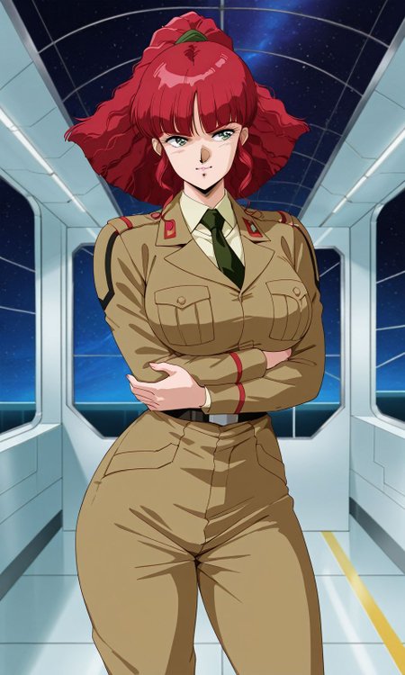 masterpiece, best quality, amazing quality, very aesthetic, absurdres, newest, scenery, depth of field,  ,     smooth skin, highly detailed, blurry background
 ,curvy, huge breasts, wide hips, thick thighs, mature female,  retro artstyle,   , 
 standing,  legs apart crossed arms, facing viewer,  
science fiction architecture, space, indoors,  ,
1girl, solo  
  <lora:spo_sdxl_10ep_4k-data_lora_webui:0.5> retro artstyle
 <lora:Jung_Freud_-_Gunbuster_ILXL:1> jungfreud, red hair, ponytail, green eyes, jewelry, bangs military uniform, necktie