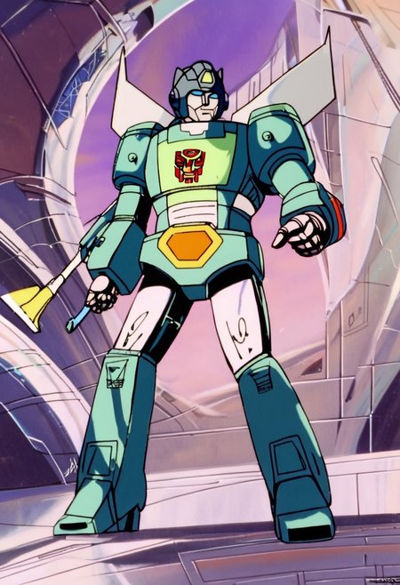 concept art score_9, score_8_up, score_7_up, animation, transformers, 1boy, robot, Autobot, Tall, bulky, glowing eyes, Blue eyes, large eyes, circular eyes, Light green armor, triple changer, Tiltrotors, wings,  transforms into Futuristic Stealth attack helicopter, and Futuristic stealth fighter jet, full body, cowboy shot, smiling, axe, Autobot Symbol (Red), full body, <lora:Transformers 86 FT:1> . digital artwork, illustrative, painterly, matte painting, highly detailed