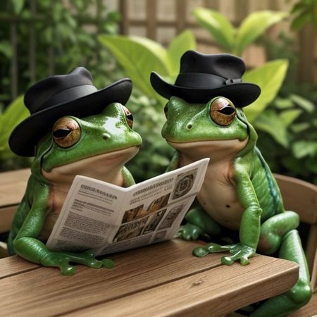 funny, complex scene, HD, Concept art, beautiful home garden full of detais in a sunny day, background, masterpiece, best render, high res, best resolution, photorealistic, 2 funny  frogs  are reading a newspaper on a garden table sitting on chairs while drinking cofee, highly detailed frogs, funny, frog wearing a detective hat, ulrea detailed skin