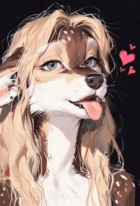 score_9, score_8_up, score_7_up, score_6_up, score_5_up, score_4_up, source_furry, Expressiveh, easynegative, highly detailed, detailed fur, detailed eyes, detailed face, detailed mouth, realistic, crayon drawing, crayon sketch, honovy, kenket, blotch, lawyerdog, edjit, detailed sketch, oil painting style, flat color, 
mature female sighthound coyote deer girl, anthro, furry, cute, kawaii, beautiful face, grey eyes, white eyebrows, long hair, long fur, brown fur, messy fur, small breasts, saggy breasts, big areola, sexy adult, seductive, flirty, loving, open mouth, tongue out, playful, 
posing, dappled light, dark background, hearts, close up, face focus,
