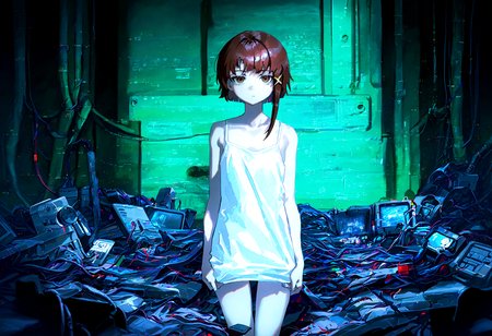 masterpiece, best quality, amazing quality, very aesthetic, absurdres,  newest,
1girl, iwakura lain,  solo,  thigh_gap,  white camisole , dark_background, cable, looking_at_viewer ,pile , spaghetti_strap , utility_pole,
yoneyama mai,quasarcake:0.7, rolua, negative space, cinematic shot, very awa, science fiction,matrix, code, digital,computer, glitch,wire, green background,
<lora:cfg_scale_boost:0.7>, <lora:illustrious_noobai_epsilon_pred_11_very_aesthetic_v1:0.6>, <lora:illustrious_noobai_epsilon_pred_1_masterpieces_v1:0.6>, <lora:illustrious_noobai_epsilon_pred_1_best_quality_v1:0.6>, <lora:Lain_PonyXLv3:0.7>, <lora:Code__Digital_World_Morph_v2_PONY_XL_by_UOC:0.7>