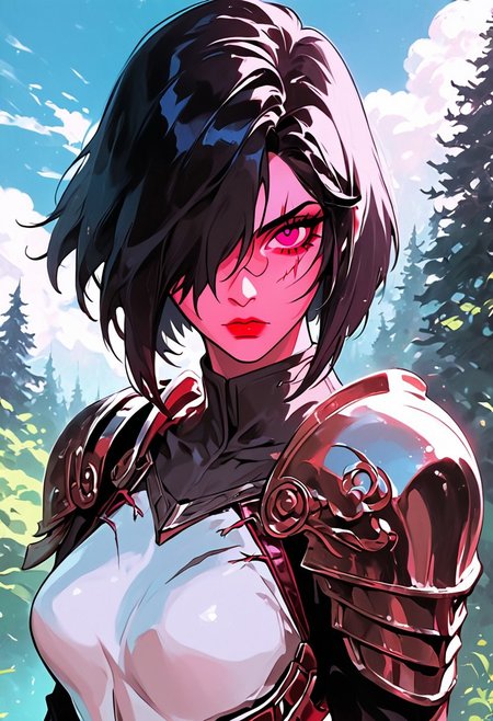 1girl, armor, scar, solo, scar on face, black hair, short hair, hair over one eye, looking at viewer, purple eyes, outdoors, upper body, breastplate, shoulder armor, tree, makeup, day, scar across eye, sky, , cloud, , shoulder plates, pauldrons, breasts, nature, eyelashes, scar on nose, scar on cheek, closed mouth, forest, blue sky, one eye covered
,  <lora:Ri-MIX_A_Illustriousv2-000009:1> rimixa,, looking at viewer,, , score_9, score_8_up, score_8_up,