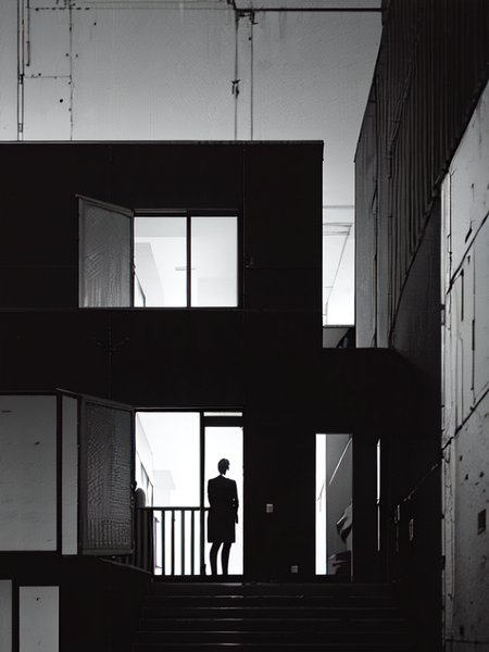 modern house facade , organic,  heavy black and white, dim light, photorealistic, 185mm f/1. 4 iso 100, cinematic 8k, cinematic hbo, crisp quality and light reflections, backlighting, colorgrading, post-processing, (Masterpiece:1.3)<lora:Blame!:1>