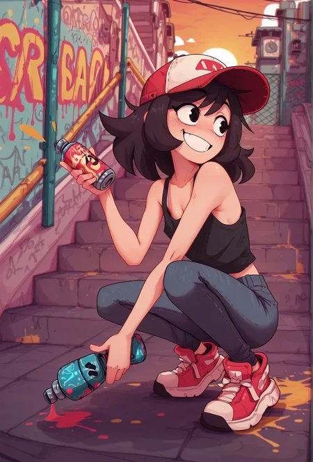 masterpiece,best quality,amazing quality, masterpiece,best quality,amazing quality, <lora:marigold_cabronpr_illustrious_v1f:0.7>marigold, 1girl, solo, no nose, black eyes, baseball cap, grin BREAK
<lora:groovy_smooth_style_illustrious_v1f:1> groovysmoothstyle, chromatic aberration, urban, sunset, chain-link fence, graffiti, stairs, tank top, jeans, spray paint, holding spray paint, squatting, sneakers, v-sign