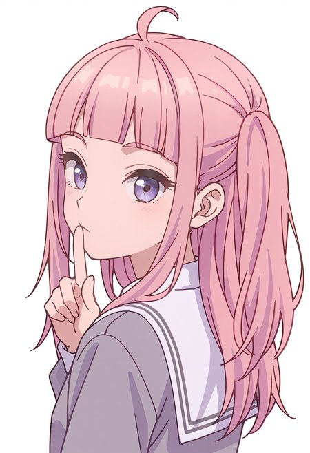 Smooth Quality,masterpiece,beautiful aesthetic, very intricate, high quality details, ultra realistic, high detailed skin,
simple background, white background,
from behind,shushing,0w0,
school uniform,  <lora:Fuyuki_Momokocnn:0.8> momoko/cnn, pink hair, 1girl, ahoge, purple eyes,petite,