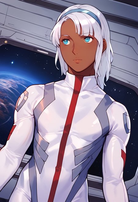 by laserflip, score_9, score_8_up, score_7_up, 1boy, femboy, loran, loran cehack, loran gundam, dark skin, white hair, blue eyes, white hairband, white bodysuit, futuristic bodysuit, space, space station, dynamic angle, solo, solo focus,