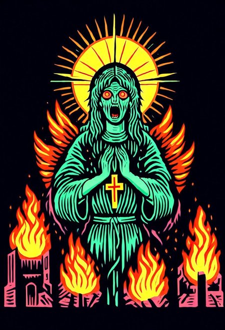 score_9, score_8_up, score_7_up, score_6_up, simple_green_engraving, easynegative, religious horror, occult, 2d, melting, crying, neonnightmare, cosmic horror, BREAK, altarpiece, religious icon, female, virgin mary, blessing, view from front, wild hair, wild eyes, one hand raised, holding a scripture, BREAK, background: (clouds, thunder, fire, city)