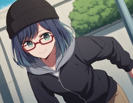 score_9, score_8_up, score_7_up, source_anime,
akanekurokawa, <lora:akane-kurokawa-s1-ponyxl-lora-nochekaiser:1>,
akane kurokawa, bangs, green eyes, blue hair, medium hair, dark blue hair,
long sleeves, hat, jacket, glasses, hood, black jacket, black headwear, hoodie, hood down, red-framed eyewear, beanie,
outdoors, street, bent over, smile,
looking at viewer, cowboy shot, dutch angle, solo,