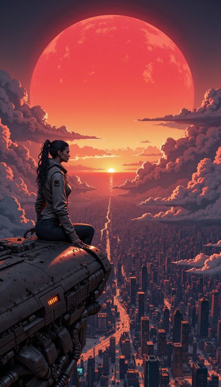 arob,robot,cyborg,metal,steel,cyberpunk,anime,mythp0rt, A lone female figure, perched on the precipice of a futuristic airship, gazes pensively towards a colossal, sanguine sun sinking below a sea of vaporous clouds. Her profile, etched against the incandescent sky, reveals a countenance crepuscular yet stoic.  Her vessel, its metallic hull catching the dying embers of daylight, casts a vertiginous shadow over the sprawling, neoteric metropolis below.  Emphasize the grandeur of the celestial tapestry â the voluminous clouds awash in fiery hues of crimson and amber â and the stark silhouette of the woman against this celestial spectacle. The cityscape, though intricate, should be rendered with atmospheric perspective, its details fading into the hazy distance.  The overall composition should evoke a sense of contemplative solitude amidst a breathtaking panorama of future urbanity.