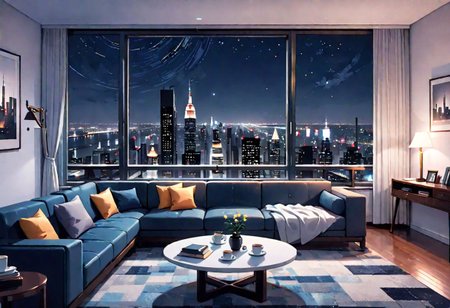 ((front view)), Shallow scene, (((animation style))), (night), modern-style interior, with white walls, (large windows), a  study, Sofa, coffee table, bookcase, single wall, ((dark room)), quiet and mysterious night sky,  city night view, (City high-rise building scenery), (City scenery outside the window), starry sky, moonlight,