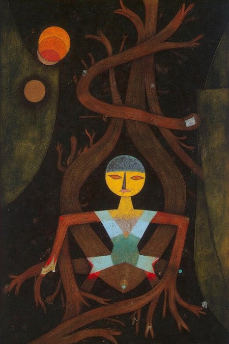 paulklee1 painting.
chenu1. 
a geometric figure, likely a deity or mythical figure, nestled among the gnarled roots of an ancient tree. She is depicted in a contemplative pose, with her eyes closed and a serene expression on her face. 
 <lora:paulklee1_cap_d8a4e6:1.0><lora:839158699214938913:0>