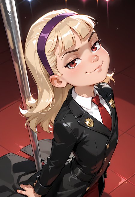 , BREAK, DC__Young_Justice_Child, 1girl, blond hair, red eyes, purple hairband, white shirt, black coat, red tie, insignia on coat, smug smile,  looking up at viewer, from above, arched back, cowboy shot, solo, stripper, stripper pole, pole dancing, child <lora:justice_girl_childILL:1>, (portrai shot, upper body)