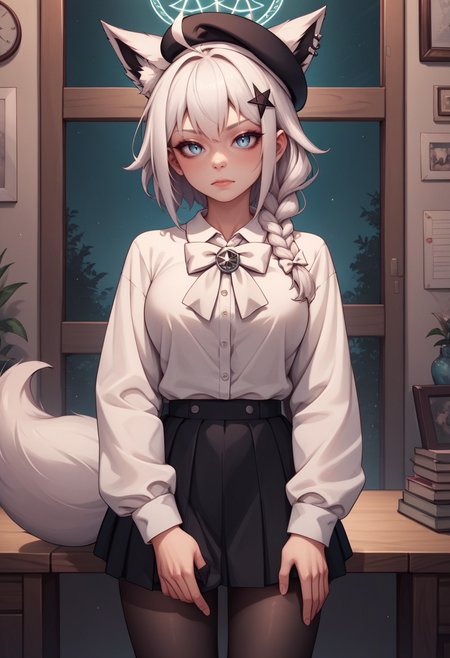 score_9, score_8_up, score_7_up, score_6_up, score_5_up, score_4_up, rating_explicit,  BREAK,  <lora:fubukiXL-10:0.75> fubukicasual, white shirt, white bow, beret, black skirt, black pantyhose, white hair, single side braid, ahoge, piercing, fox tail, pentagram chin in hand