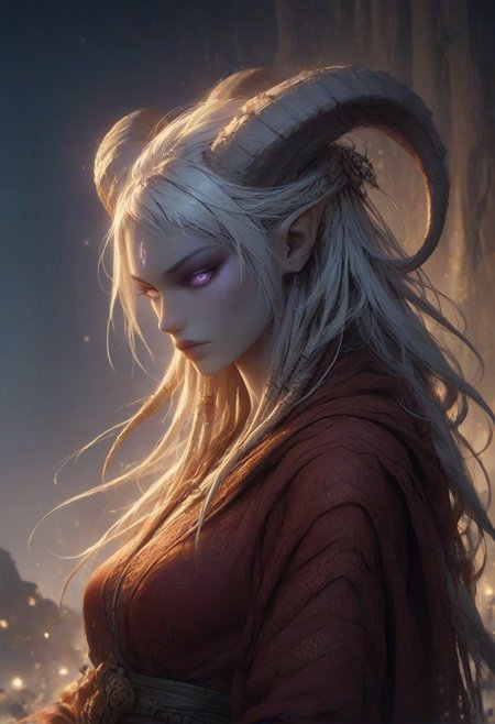 (absurdres, best quality, masterpiece:1.4), score_9, score_8_up, score_7_up, score_6_up, detailed, detailed body, detailed face, world of warcraft, fantasy, <lora:add-detail-xl:1.5>, 
fFaceDetail, SkinDetail, ((female, draenei, tall, athletic arms, pale white skin, smooth skin, long white hair, purple eyes, no pupil, no sclera, long white tail), (h0rns, ram horns, white horns), 
(long fingers, purple fingernails, purple nail polish)), 
(long loose red dress, simple armlet, black facemask, red silk scarf), GunMonk, shotgun, 
full body, side view
outdoor, evening, mountains,