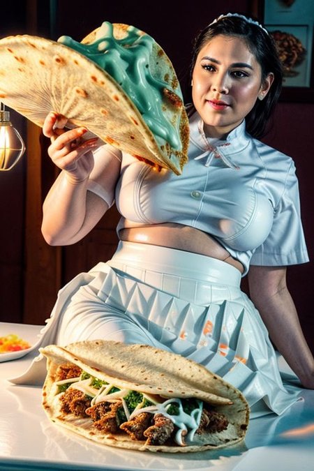 1girl, dripping, (white slime:1.3), white cheese, kneeling, realistic, pretty, closeup, office, office uniform, pencil skirt, (white skirt:1.8), (eating a taco), (huge taco:1.6), (looking at viewer:1.5), (dimly lit:1.4), fashion photography, intricatedetails, taco with cheese, mariachi band in background,  (green slime sauce)