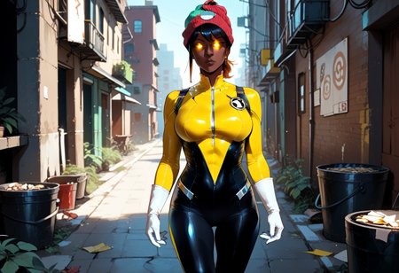 STYLES | PONY & ANIMAGINE
score_9, score_8_up, score_7_up ,4k, realistic, masterpiece, beautiful,1 girl,
SkylaCruzPXL, 1girl, solo,Skyla,   freckles, dark skin, dark-skinned female,black hair,black eyes, short ponytail,short hair, ponytail,beanie, red and green colored beanie, shaded face, glowing eyes, shaded face, (black face:1.2) yellow, yellow suit, full body ,standing, alley,
,SinestronCOS,thighhighs,white  gloves,skin tight,bodysuit,superhero,black bodysuit,yellow bodysuit,sinestrocorps symbol on chest, , knee boots, white boots,sinestrocorps symbols on chest, anime art style,