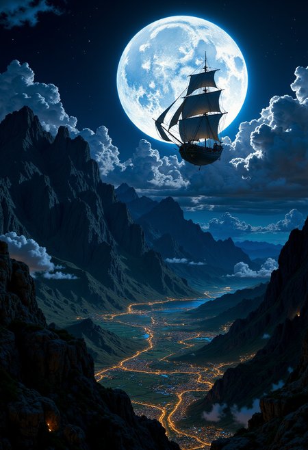 hyper realistic and highly detailed, highly dynamic cinematic panorama view,
Night, mountains, full moon, flying sailing ship emerges from the clouds, a city on the ground, lights in the city, a fantasy world, a lot of clouds
<lora:FluxMythP0rtr4itStyle:0.6> <lora:flux.1_lora_flyway_Epic-Characters_v1:0.6> <lora:Elden_Ring_-_Yoshitaka_Amano:0.33>