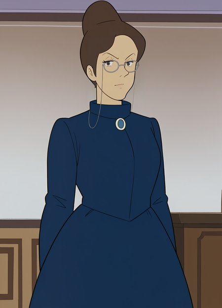 <lora:Rottenmeier-Alps_no_Shoujo_Heidi:1>,Rottenmeier,1girl,solo,brown hair,hair bun,single hair bun,blue dress,glasses,looking at viewer,indoors