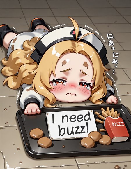 masterpiece,best quality,amazing quality,ultra detailed,very aesthetic,absurdres,<lora:apu_spills_his_tendies_meme:1>,apu spills his tendies (meme),looking at viewer,blush,lying,food,tears,on stomach,tray,tearing up,french fries,tripping,fallen down,chibi,the sign is rolling,dirty signs,<lora:NeedBuzz_sign_Illustrious:1>,need_buzz,holding sign,blonde hair,wavy hair,ahoge,air bangs,forehead,orange eyes,half-closed eyes,hat,cat_hair_ornament,(sound effects:1.3),trembling,