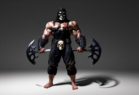 concept art
framing device, leading lines, ray tracing, 
1 adult man, weapon, barefoot, muscular, Executioner mask, biceps, scar, gradient, skull, mask, big biceps, Barefoot, muscles, Solo, 1boy, best quality, amazing quality, solo, 
1990s (style), retro artstyle
(High Resolution), (More Details), (8K), (High Resolution)
negative space