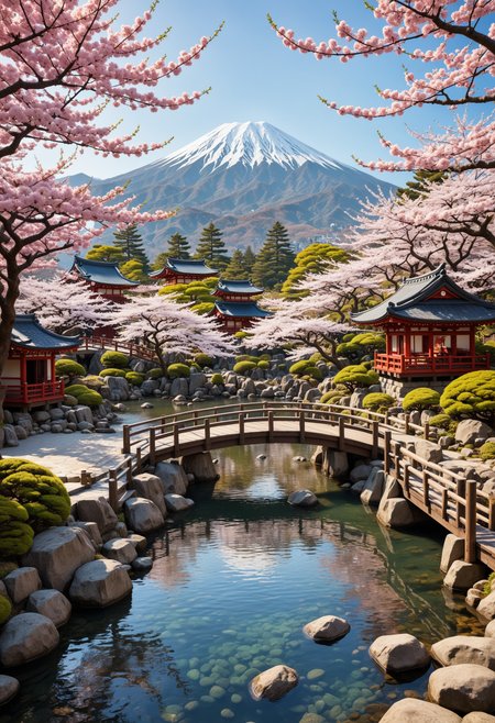 Cartoon style fine art photo of (best quality, 4k, 8k, highres, masterpiece:1.2),ultra-detailed,(realistic, photorealistic, photo-realistic:1.37),portrait,anime style,vibrant colors,dynamic composition,flowing water,cherry blossoms,peaceful atmosphere,gentle breeze,traditional Japanese garden,wooden bridge,tranquil pond,distant mountains,soft sunlight,, ultra quality, ultra detailed. Conceptual, creative, artistic, aesthetic in Harajuku style. Japanese street fashion, eclectic, colorful, anime . Simplified features, exaggerated expressions, bold outlines, vibrant colors, by artists like Charles Schulz