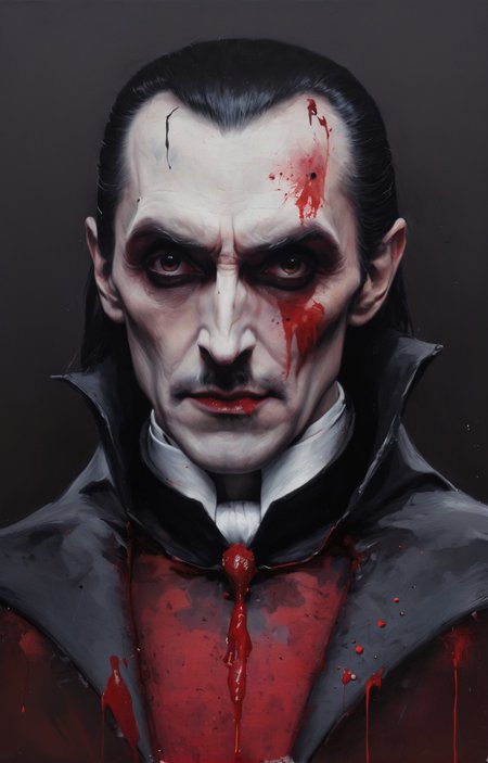 a colorful painting of count dracula, extreme close-up, halloween theme aesthetics, blood splatter, in the style of nicola samori <lora:NicolaSamori:0.6>