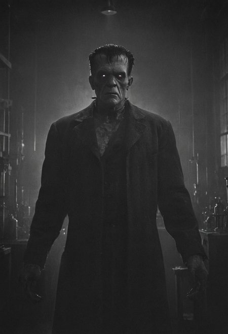 In a stark, shadow-filled laboratory, Frankenstein’s monster stands tall, his towering frame silhouetted against a backdrop of vintage scientific equipment. The scene is rendered in the dramatic contrast of black and white, capturing the iconic look of the 1931 film. His heavily scarred face, square head, and bolts protruding from his neck are illuminated by flickering lightning through the laboratory windows. His expression is one of silent anguish, as he raises his arms slightly, palms up, as though trying to understand his own existence. The background is a jumble of sparking, outdated machinery, with thick electrical coils, glass beakers, and old-fashioned dials casting ominous shadows. The atmosphere is tense, with a haunting stillness, reminiscent of the original Frankenstein film’s eerie, gothic atmosphere from 1931.