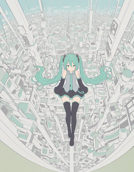 masterpiece,  best quality, newest, highres, absurdres, <lora:hebitsukai_style:1>,hebitsukai_illu, hatsune miku, 1girl, solo, long hair, twintails, skirt, necktie, thighhighs, detached sleeves, flat color, very long hair, green hair, zettai ryouiki,detailed background,