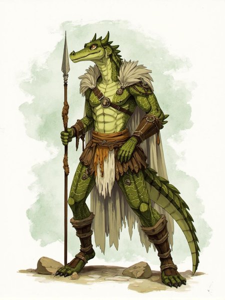 <lora:ck-LttleGhost-000011.safetensors:1> in the style of ck-lttlegh0stA muscular, anthropomorphic crocodile warrior stands defiantly, clad in rugged, earth-toned armor and loincloth. Its green scales contrast with its armor, which is detailed and weathered. A tattered cloak flows behind, emphasizing the dynamic pose. The warrior holds a spear at attention, exuding an air of fierce readiness as it dominates the watercolor background.
