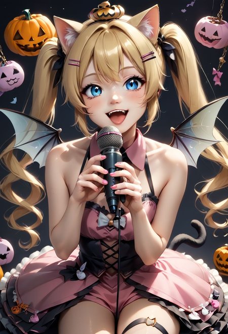 anime art. catgirl with blonde hair, ponytails,  blue eyes, hairclip, small boobs, cute pink dress idol, cat tail, halloween, wings, microphone