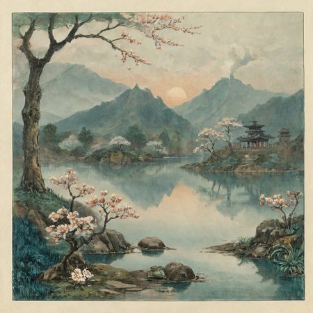 Victorian watercolor painting, Imagine a mesmerizing landscape at dawn in Japan, with tiered, mist-covered mountain ranges stretching into the distance, each layer appearing more ethereal and bluish in hue. The sky is softly transitioning from deep purples to muted blues and greys as the sun begins to rise. A serene lake lies at the base of the mountains, reflecting the misty peaks and the surrounding muted, green forest. Delicate cherry blossom trees are faintly visible, their pale petals blending into the misty backdrop. Ancient Japanese temples or shrines are subtly integrated into the landscape, shrouded by the mist. The entire scene exudes a tranquil, almost otherworldly beauty, dominated by shades of blue and grey, evoking a strong sense of peace and connection with nature, sharp, very detailed: 1.5 eroticism. rough sketch, sideview, 2d, moody, gloomy, dark picture, high contrast, stylized.
