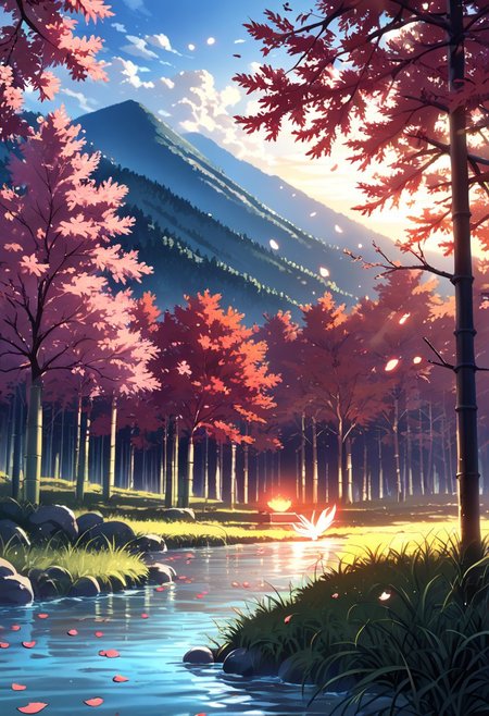 score_9,  score_7_up,  
Art Style: Manga/Anime
Environment: Rolling hills, rivers, cherry blossoms, mountains, cottages, bamboo groves.
Lighting & Atmosphere: Sunrise lighting, glowing fireflies, serene and magical ambiance.
Details: Bold colors, clean linework, attention to natural textures (grass, water, petals).