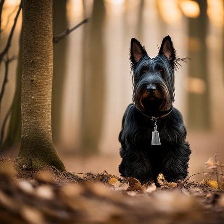 Scottish Terrier in Dry deciduous forest light atmosphere, Soft lighting