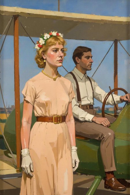 euanuglow1 painting.
A romantic scene of a couple on a vintage biplane. The woman, in the foreground, is a stylish woman with curly blonde hair adorned with a flower garland and wearing a light, flowing, peach-colored dress with a wide belt, a matching hat, and gloves. The man is piloting the biplane with his hands firmly on the steering wheel. <lora:euanuglow1_cap_d6aee11:1.0><lora:845560768876283013:0>