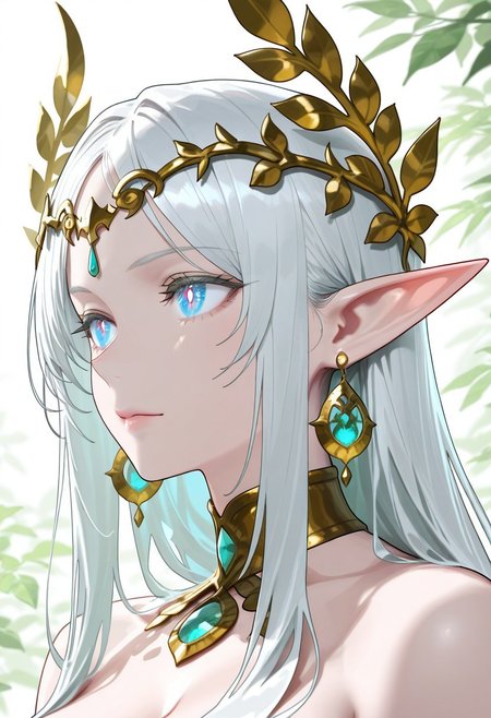 (masterpiece), (best quality), (ultra-detailed) A stunning silver-haired female elf with striking blue eyes, elegantly adorned with a golden laurel headpiece, intricate gemstone jewelry, and a finely crafted choker. She has delicate, ethereal features and a serene expression, embodying grace and mystique. Her long, flowing hair frames her face, Detailed eyes, colourful eyes detailed beautiful eyes, very high resolution eyes, black pupils, detailed beautiful eyes, sharped sightings, Light particle, medium shot, 70mm film, gorgeous lip, soft lips, detailed lips, glossy lips, and her pointed ears are adorned with gold and blue crystal earrings. an elegant face, The background is a soft, pure white with gentle green leaves floating around, adding a sense of natural harmony. Rendered in a high-quality anime art style with fine details, soft shading, and a refined color palette, the portrait captures an enchanting fantasy aesthetic in a close-up, side-profile composition.