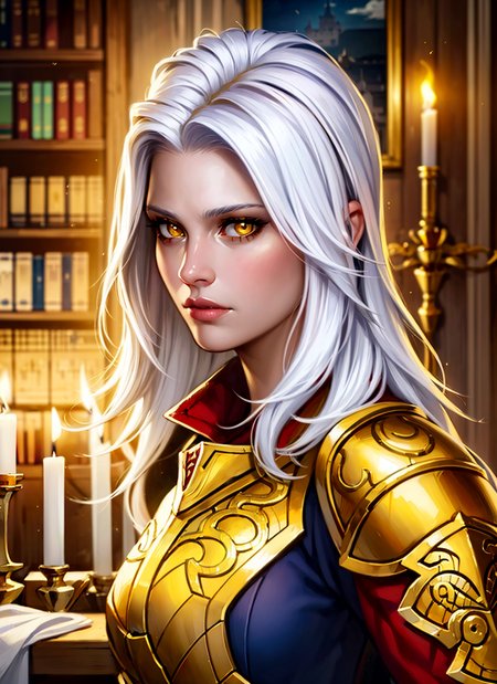 1girl, portrait of beautiful paladin, white hair, yellow eyes, glowing eyes, golden armor, red cape, looking at viewer, castle indoors, candles, bookshelf, volumetric lighting, best quality, masterpiece, intricate details, tonemapping, sharp focus, very detailed, trending on Artstation, realistic, <lora:sxz-voyage-v1:0.8>
