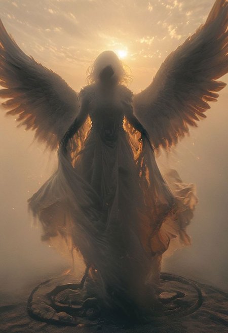 Dark luminous translucent Wings, Above the Clouds Loosing feathers, floating feathers, subsurface scattering, Capture the dystopian spectacle of female Icarus ascending too close to the sun, seen from below. Witness her wings, illuminated by the piercing sunlight, shedding feathers as they struggle against the inevitable descent. 
subsurface scattering, Angel Icarus LiS_Robot By tim burton with Large vanta black spreaded  Wings, large hooded Cape, liminal space cloud, Neon translucent Soundwaves visible on the face, very detailed golden holy glow Spell rings,
atmospheric haze, Film grain, cinematic film still, shallow depth of field, highly detailed, high budget, cinemascope, moody, epic, OverallDetail, 2000s vintage RAW photo, photorealistic, candid camera, color graded cinematic, atmospheric lighting, imperfections, natural, shallow dof