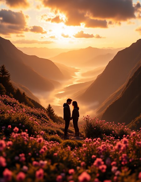 Cinematic romantic landscape in ultra-high resolution, capturing an intimate love story within nature's most breathtaking embrace. A sweeping vista reveals two silhouetted lovers positioned on a cliff overlooking a golden sunset-drenched valley, their bodies touching subtly, suggesting deep emotional connection. The landscape radiates with warm amber and soft rose gold tones, creating a dreamlike atmosphere where natural elements become metaphors for romantic intimacy. Foreground features delicate wildflowers in soft focus - lavender, wild roses, and mountain bluebells - creating a natural frame for the lovers' silhouettes. Distant mountain ranges fade into soft atmospheric hues, their peaks touching clouds in gentle, romantic gradients. Lighting plays a crucial role, with golden hour sunlight casting long, tender shadows and creating a luminous glow around the couple. Soft wind suggests movement, making grass and distant tree branches dance with subtle, romantic energy. A small river winds through the valley, its reflective surface mirroring the sky's passionate colors. The couple's positioning suggests a moment of profound connection - not overtly passionate, but deeply intimate. Their body language communicates years of shared understanding, with gentle touches and synchronized postures that speak of profound emotional resonance. aidmafluxpro1.1, aidmaimageupgrader, aidmamj6.1