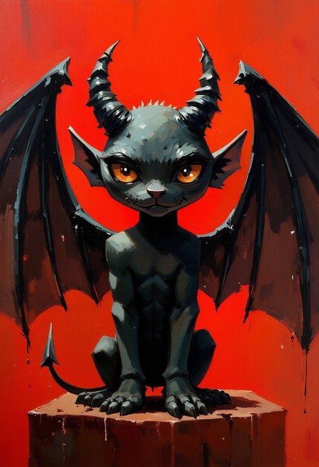 oil painting of a cutesy gargoyle with black demon wings, Its eyes cute and shiny A sense of dread fills the air. Dark red,browns and black colors
