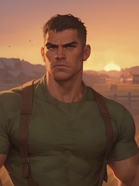 Bara, wide face, masculine, score_9_up, score_8_up, score_7_up, score_6_up, serious mature cowboy on farm, sunset, buzz-cut hair, stubble, black hair, green shirt, suspenders, rugged face, broad jaw, bulky, strong, hulking, cowboy shot, rural background, golden hour, best_quality, masterpiece, 1man, solo, male focus, gritty, expressive, depthof field, dof, blurred background , gears of war


