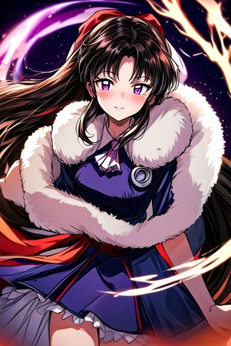 masterpiece,  best quality 1girl Setsun4 solo long hair,  (night time) forest background black hair very long hair purple eyes multicolored hair armor (fur trim) (medium body),<lora:EMS-179-EMS:0.800000>,<lora:EMS-293862-EMS:0.800000> bow, hair_bow, hair_tubes, red_bow, brown_hair, long_hair, bangs, sidelocks, ascot, brown_eyes, frilled_bow, yellow_ascot, blush, smile, hair_between_eyes