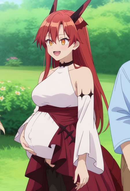 score_9, score_8_up, score_7_up, best quality, masterpiece, 4k, perfect lighting, very aesthetic, anime, anime coloring, official art, anime screencap,
OverallDetail, fFaceDetail
, happy, hand on belly, 
taniav2, red hair, long hair, horns, dragon horns, orange eyes, hair between eyes, dragon girl, head wings, dragon tail, 
bare shoulders, long sleeves, detached sleeves, white sleeves, collarbone, white shirt, red skirt, dress, wide sleeves, choker, black thighhighs, leotard under clothes,
BREAK<lora:Pregnant Bump:1>, huge pregnant belly,