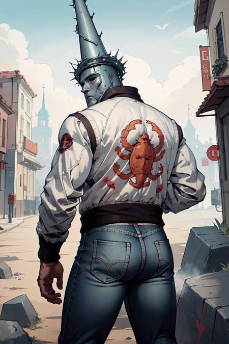 (masterpiece, best quality, absurdres, 4k, aesthetic, detailed, intricate),from behind,penitentonedef,helmet,stone face,faceless,solo,jeans,(print jacket, white jacket),looking back  <lora:drivejacket-outfit-richy-v1:0.8> <lora:sppenitentOne:1>