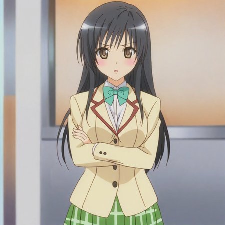 <lora:YuiToLoveRu_pony_v1:.8> Yui, 1girl, school uniform, long hair, brown eyes, black hair, blazer, jacket, bow, plaid skirt