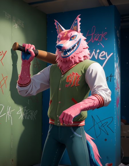 score_9, score_8_up, score_7_up, rating_safe, source_furry, detailed, cinematic lighting, particles, shadow, decals, masterpiece, best quality, ultra realistic, 4k, 2k, film photography, RAW photo, photorealistic, analog style, subsurface scattering, photorealism, <lora:add-detail-xl:3.0>, <lora:2.5DRealisticV2.safetensors:0.35>, <lora:sinfully_stylish_SDXL.safetensors:1.0>, <lora:AdvancedEnhancerXLv2.safetensors:1.0>, dutch angle, anthro, furry, <lora:fortnite_Andy_Fangerson.safetensors:1.0>, Andy Fangerson, (hold baseball bat on shoulder:1.1), wolf, wolf Alebrije, pink fur, blue nose, red Scalera, yellow pupil, no iris, wolf ears, wolf tail, blue tongue, blue pawpads, claws, Jacket, denim pants, upper body, vibemix <lora:Vibemix_Color_Style_PonyXL:1.0>, (graffiti, decals, stickers, paint:1.05), _random-pose__, surprised,