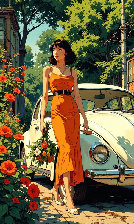 This image captures a striking and artistic scene featuring a woman standing next to a vintage white Volkswagen Beetle. The woman is dressed in an orange, sleeveless dress that has a retro vibe, complementing the classic car beside her. Her pose is confident and elegant, with one hand holding a bouquet of flowers and greenery, adding a touch of nature and color to the composition.
The background is lush and vibrant, filled with various plants and trees. There are red flowering plants that stand out against the green foliage, creating a visually appealing contrast. The setting appears to be outdoors, possibly in a garden or a park, with natural light illuminating the scene.
The overall mood of the image is one of nostalgia and beauty, combining elements of fashion, nature, and vintage charm. The woman's outfit, the classic car, and the surrounding greenery all contribute to a harmonious and aesthetically pleasing photograph.
BREAK anime, bboil artist style, <lora:FLUX\Synesthesia:0.2>, <lora:FLUX\RetroAnimeS1.1:0.4>, <lora:FLUX\Flux-jijia:0.1>, <lora:FLUX\RM_Artistify_v1.0M:0.1>, <lora:FLUX\Organic Sauce - FLUX:0.6000000000000001>, <lora:FLUX\It's a LoRA for portraits, BUT! actually specialized in backgrounds. v1.0:0.30000000000000004>, <lora:FLUX\Dieselpunk Delight - s0_9 g4:0.4>