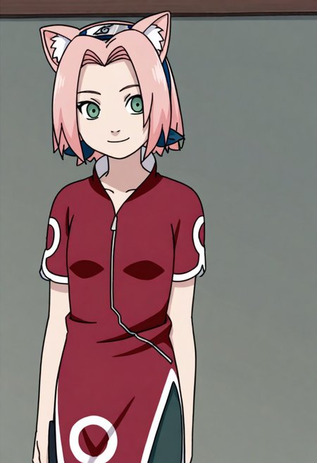 solo, 1girl, haruno sakura, pink hair, short hair, green eyes, slim body,Small breasts,red shirt, red qipao, black short sleeves, bike shorts,cute, 
pink cat ears,smiling